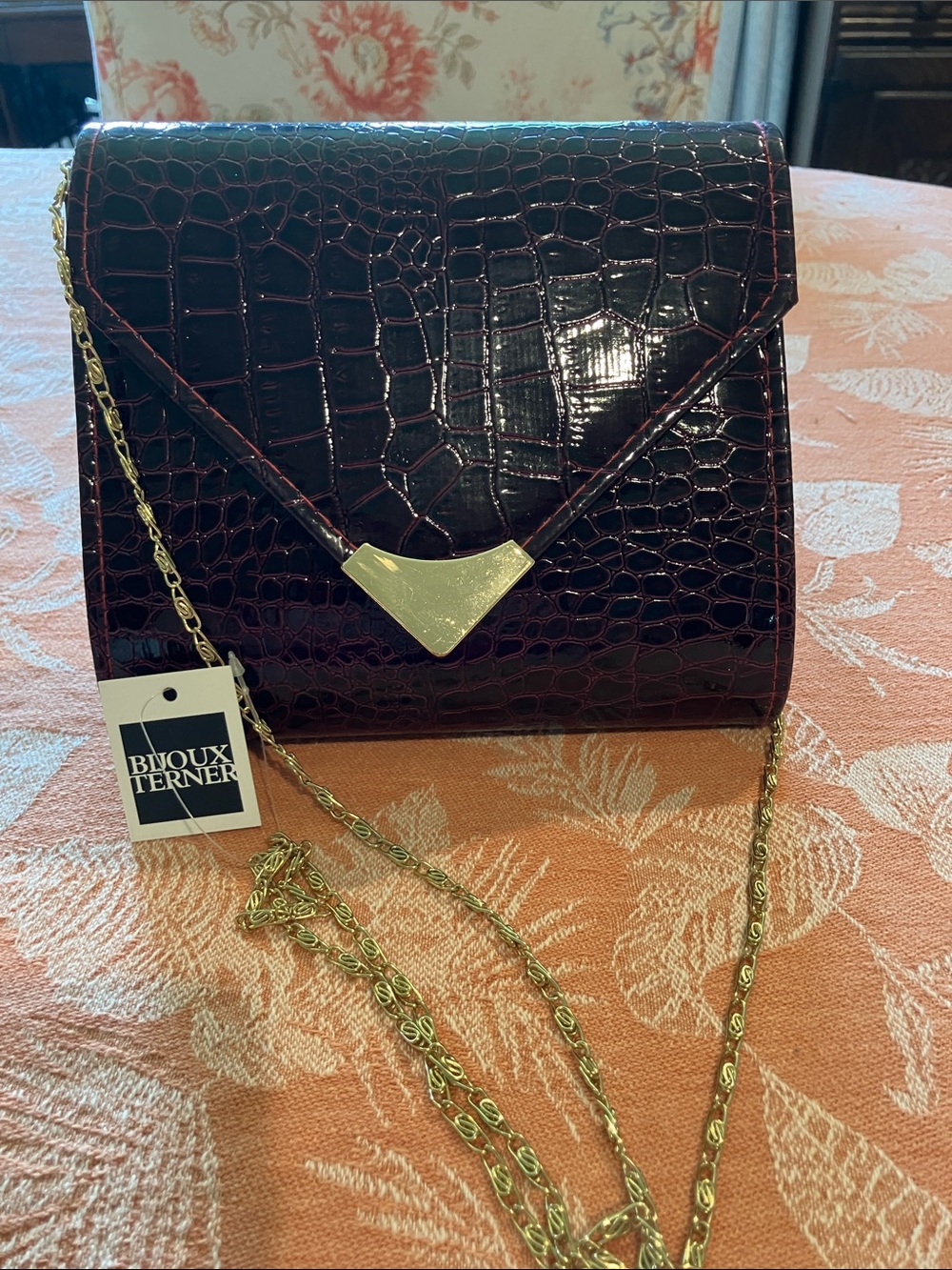 Bijoux Terner Croc-Embossed Envelope Crossbody in Burgundy with Gold Tone Accent